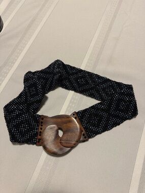 Wood Buckle Stretch Belt - Black Beaded Fabric